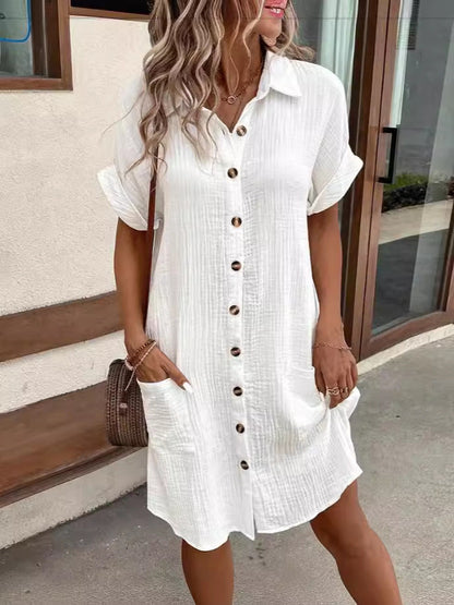 💎 57% DE RÉDUCTION ! 💎 Robe Chemise Boutonnée à Manches Courtes et Poches pour Femmes – Coton Respirant, Coupe Décontractée & Polyvalente (M–2XL) 👗🌸