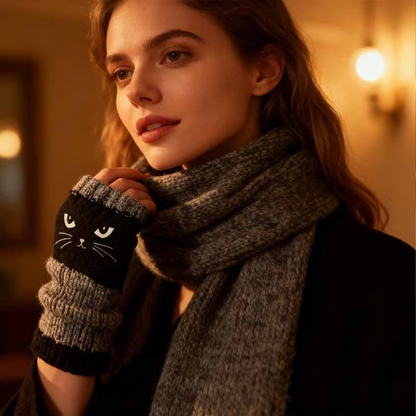 🎁 Promotion du dernier jour 42 % DE RÉDUCTION 🐱 Gants tricotés pour femmes avec motif chat — Pour des mains au chaud et des doigts libres 🧶