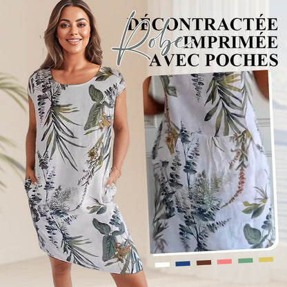 💎 60% DE RÉDUCTION ! 💎 Robe à Col Rond à Imprimé Botanique – Tissu Léger, Coupe Décontractée & Motif Printanier 🌸