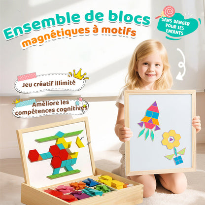 ✨ Puzzle Magnétique en Bois - 180 Pièces Géométriques, Apprentissage STEM, Boîte de Rangement Portable ✨