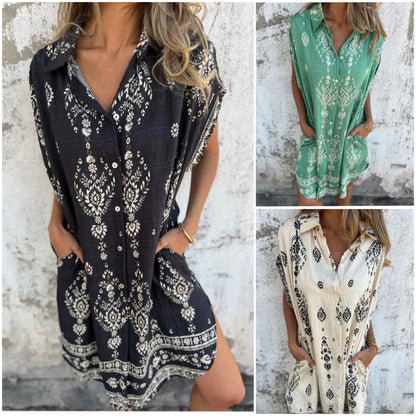 💎 49% DE RÉDUCTION ! 💎 Robe Classique en Coton-Lin Imprimée – Encolure en V, Poches Pratiques & Coupe Polyvalente 🌿👗