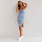 💎 52% DE RÉDUCTION ! 💎 Robe Camisole Moulante en Denim – Col en U, Bretelles Réglables & Fente Séduisante 🌟👖