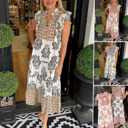 👗 PROMO LIMITÉE 50% DE RÉDUCTION ! ✨ Robe Imprimée à Volants – Sans Manches, Élégante ✨