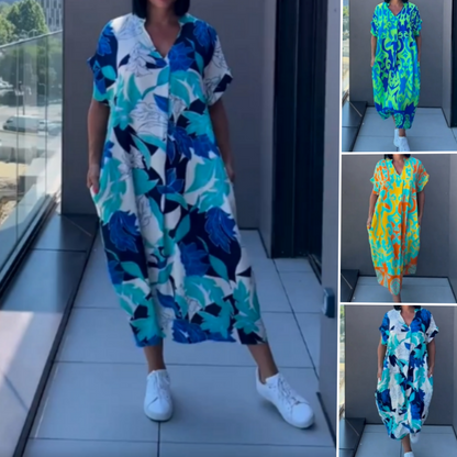 💎 60% DE RÉDUCTION ! 💎 Robe Élégante Col V – Tissu Respirant, Imprimé Tendance & Coupe Ample (Vert/Bleu/Jaune | S–3XL) ☕🕊️