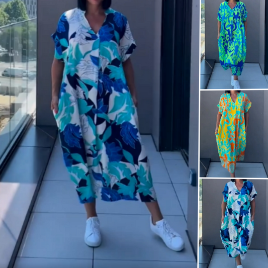 💎 60% DE RÉDUCTION ! 💎 Robe Élégante Col V – Tissu Respirant, Imprimé Tendance & Coupe Ample (Vert/Bleu/Jaune | S–3XL) ☕🕊️
