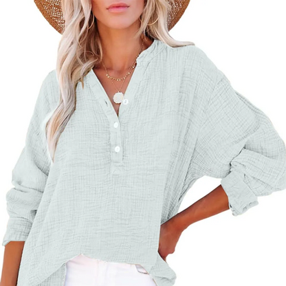 👔 PROMO LIMITÉE 50% DE RÉDUCTION ! ✨ Chemisier Femme Oversize – Gaze Léger, Col V & Manches Longues 🍃