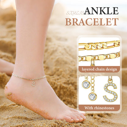 🌟 PROMO LIMITÉE 50% DE RÉDUCTION ! 🌹 Bracelet de Cheville Doré Superposé pour Femmes – Élégant, Pailleté & Réglable ✨