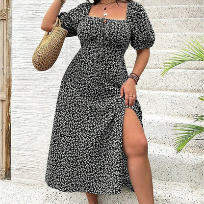 🌸 PROMO LIMITÉE 50% DE RÉDUCTION ! ✨ Robe Longue Grande Taille Bohème – Imprimé Fleuri, Fente, Manches Courtes 🌺