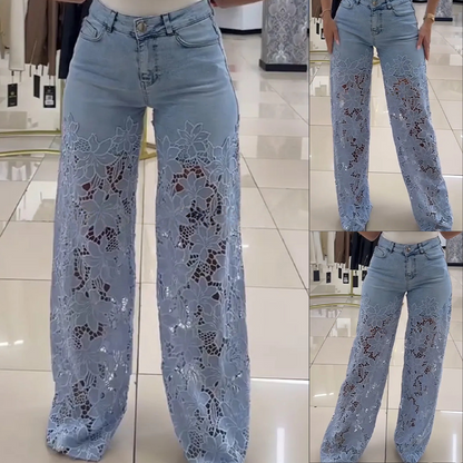 💎 60% DE RÉDUCTION ! 💎 Jeans en Denim Patchwork avec Dentelle – Coupe Mi-Haute, Extensible & Style Boho-Chic 🌸👖