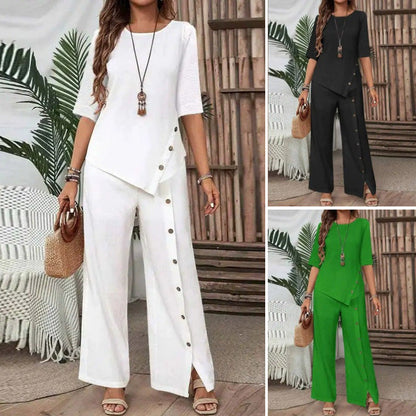 💎 -60% SUR ENSEMBLE 2 PIÈCES ! 💎 Top Asymétrique & Pantalon Large : Boutons Déco & Look Chic 👖✨