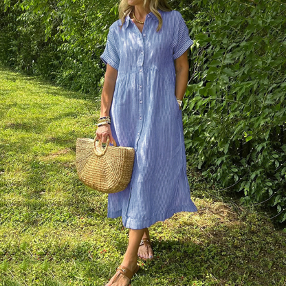 💎 50% DE RÉDUCTION ! 💎 Robe Chemise Rayée à Revers et Boutons – Poches Fonctionnelles, Coupe Loose & Élégance Intemporelle 🌟👗