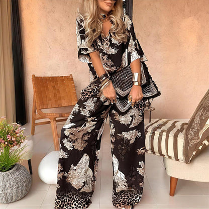 🌸-50% Dernier Jour✨ Haut Imprimé à Col en V + Pantalon Long – Style Élégant et Léger pour l'Été