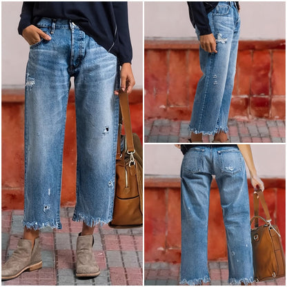 💎 60% DE RÉDUCTION ! 💎 Short en Denim Droit à Jambes Courtes – Coupe Élancée, Détails Déchirés & Ourlet Effiloché Vintage 👖💙