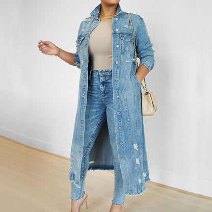 💎 57% DE RÉDUCTION ! 💎 Veste Longue en Jean Déchiré pour Femme – Look Streetwear Audacieux, Coupe Flatteuse & Denim Résistant 👖✨