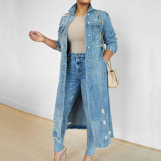 💎 57% DE RÉDUCTION ! 💎 Veste Longue en Jean Déchiré pour Femme – Look Streetwear Audacieux, Coupe Flatteuse & Denim Résistant 👖✨