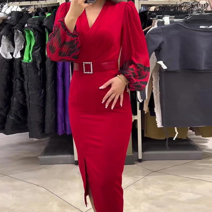 📢📢50 % de réduction！！！  ✨ Robe Rouge Élégante à Col V - Fente Latérale Flatteuse, Parfaite pour Soirées et Événements Spéciaux 👗❤️