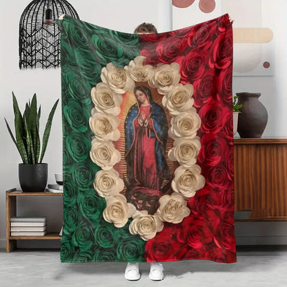 🔥 50% DE RÉDUCTION ! ✨ Couverture Vierge Marie en Flanelle - Motif Sacré et Rosace, Douce et Chaude, Idéale pour Décoration et Recueillement ✝️🌹