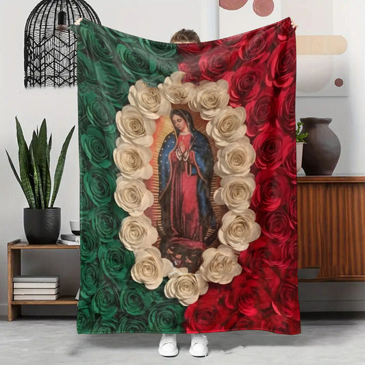🔥 50% DE RÉDUCTION ! ✨ Couverture Vierge Marie en Flanelle - Motif Sacré et Rosace, Douce et Chaude, Idéale pour Décoration et Recueillement ✝️🌹
