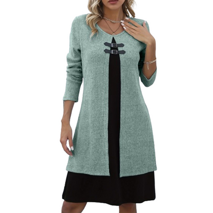 🔥 50 % de réduction ! ✨ Robe deux-pièces fausse A-line mi-longue – Silhouette flatteuse, texture côtelée & détails en simili cuir 🌸👗