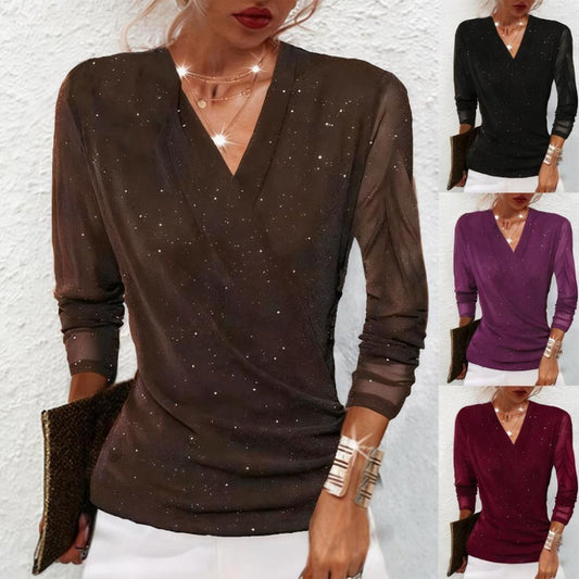 🔥Offres spéciales✨ Haut scintillant à encolure V croisée – Manches transparentes et coupe ajustée pour un look chic du bureau à la soirée