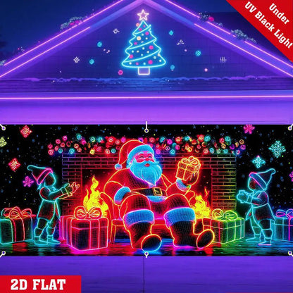 🔥 50% DE RÉDUCTION ! ✨ Bannière Garage Noël Fluorescent UV - Effet Lumière Noire, 180x400cm Taille Géante, Réutilisable 🎄✨