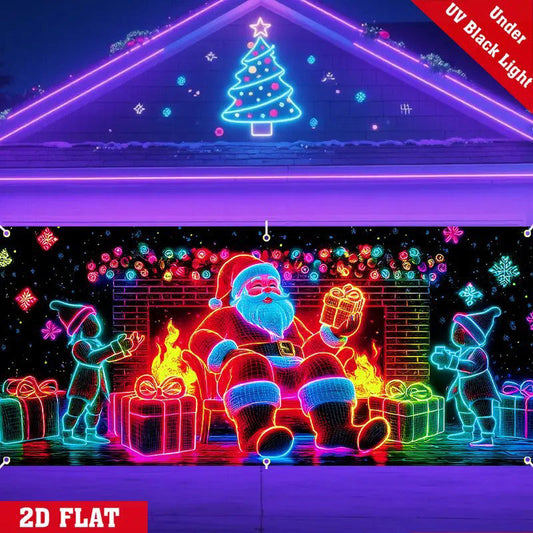 🔥 50% DE RÉDUCTION ! ✨ Bannière Garage Noël Fluorescent UV - Effet Lumière Noire, 180x400cm Taille Géante, Réutilisable 🎄✨