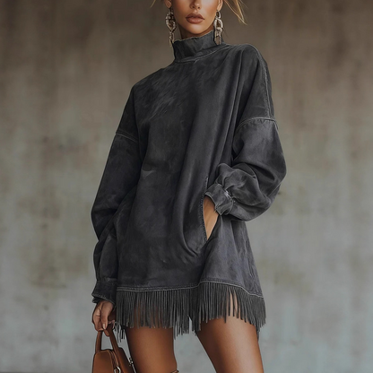 📢📢55% de réduction！！！ ✨ Robe en Simili Daim Vintage – Col roulé, coupe ample, poches latérales et ourlet à pompons. Élégance décontractée pour l’automne-hiver !
