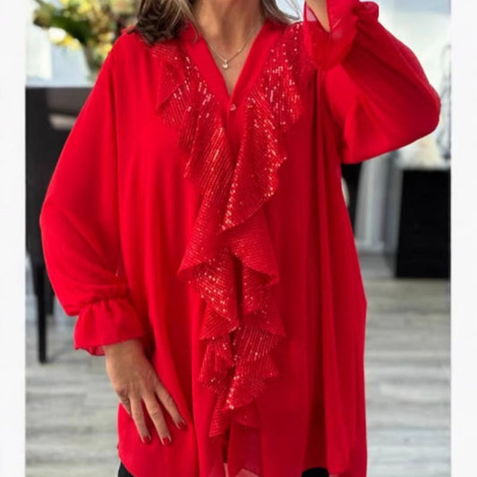 📢📢60% DE RÉDUCTION ! 💖✨ Chemise à Manches Longues en Mousseline avec Paillettes & Col en V – Élégance Scintillante pour Toutes les Occasions ⚡
