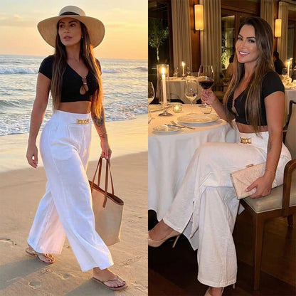 🎉 60% DE RÉDUCTION! 👖 PANTALON TAILLE HAUTE À JAMBES LARGES POUR FEMME AVEC CEINTURE DÉCORATIVE