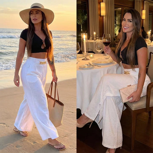 🎉 60% DE RÉDUCTION! 👖 PANTALON TAILLE HAUTE À JAMBES LARGES POUR FEMME AVEC CEINTURE DÉCORATIVE