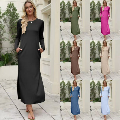 📢 60 % DE RÉDUCTION !! ⏰ Robe T-Shirt à Manches Longues pour Femme – Maxi, Poches & Fente Élégante | 7 Couleurs Classiques 🌸