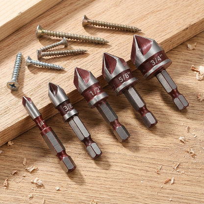 ✨52% DE RÉDUCTION ! 🛠️ Jeu de Forets à Fraiser en Acier Haute Teneur en Carbone – 5 Rainures Anti-Bouchon, Queue Hexagonale & Pointe 82° pour Bois & Métal ! ⚡