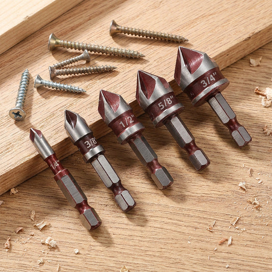 ✨52% DE RÉDUCTION ! 🛠️ Jeu de Forets à Fraiser en Acier Haute Teneur en Carbone – 5 Rainures Anti-Bouchon, Queue Hexagonale & Pointe 82° pour Bois & Métal ! ⚡