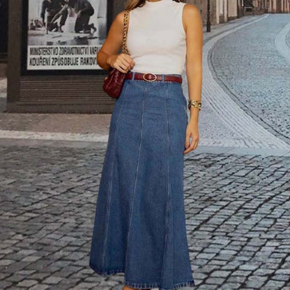 👖 60% DE RÉDUCTION !! ⏰ Jupe Longue en Jean Taille Haute – Coupe Trapèze Flatteuse, Coutures Amincissantes & Disponible Jusqu’en 2XL ! 💙