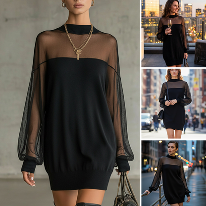 🔥 60% DE RÉDUCTION ! ✨ Mini-Robe à Col Montant en Maille Transparente – Manches Lanternes, Silhouette Flatteuse & Look Chic de Jour comme de Nuit 🖤