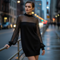 🔥 60% DE RÉDUCTION ! ✨ Mini-Robe à Col Montant en Maille Transparente – Manches Lanternes, Silhouette Flatteuse & Look Chic de Jour comme de Nuit 🖤
