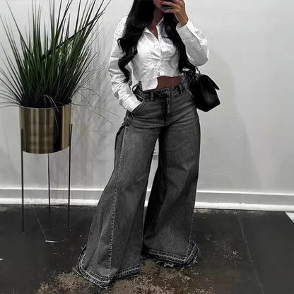 💎 60% DE RÉDUCTION ! 💎 Jean Oversize Femme à Taille Haute & Jambes Ultra Larges – Denim Durable, Ourlet Effiloché & Silhouette Allongée 👖✨