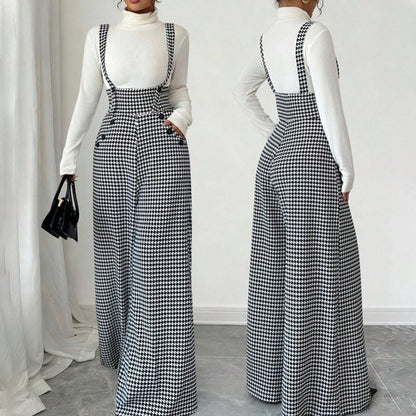 💎 60% DE RÉDUCTION ! 💎 Pantalon Taille Haute à Bretelles Motif Pied-de-Poule – Coupe Large, Élégance Vintage & Silhouette Allongée 🎀👖