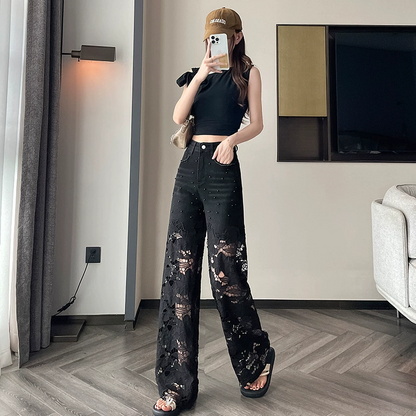 💎 50% DE RÉDUCTION ! 💎 Pantalon Femme à Détails Creux & Strass Thermocollés – Coupe Slim Élégante, Anti-Plis & Anti-Boulochage ✨🖤
