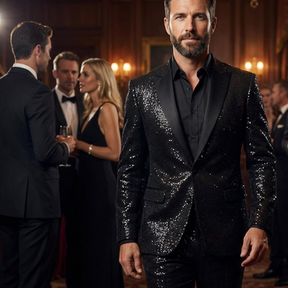 💎 JUSQU'À 60% DE RÉDUCTION! 💎 Ensemble Smoking Noir Pailleté pour Homme – Tissu Sparkling Galaxy, Coupe Slim & Revers Châle Élégant 🌌🧥
