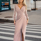 💎 59% DE RÉDUCTION! 💎 Robe de Soirée Élégante à Col en V et Manches Longues – Paillettes Scintillantes & Fente Dramatique 🌟💃