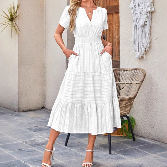👗 PROMO LIMITÉE 50% DE RÉDUCTION ! 💥 Robe Longue en Coton – Col V, Manches Courtes, Fluide ✨