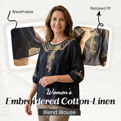 🌸 PROMO LIMITÉE 50% DE RÉDUCTION ! 💥 Blouse Femme Brodée Coton-Lin – Broderie Florale, Encolure Ronde, Coupe Fluide ✨