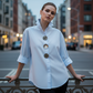 💎 58% DE RÉDUCTION – TEMPS LIMITÉ ! 💎 Chemise Oversize pour Femme avec Boutons Décoratifs – Col Montant, Ourlet Courbé & Polyester Anti-Froissement 👚✨