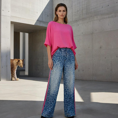 💎 56% DE RÉDUCTION ! 💎 Ensemble 2-Pièces Femme – Haut Rose Vif & Pantalon Léopard Bleu-Vert, Coupe Ample & Respirant (S à 5XL) 🐾💖