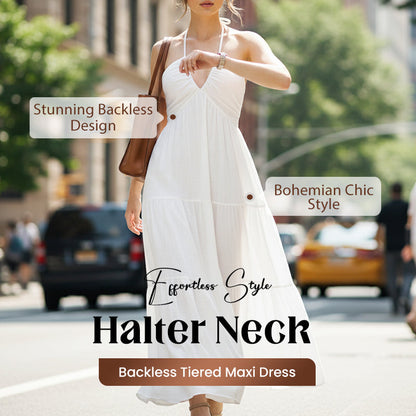 👗 60% DE RÉDUCTION ! Robe Maxi Bohème Dos Nu – Col Licou, Jupe à Étages & Tissu Léger pour l'Été ✨🌺
