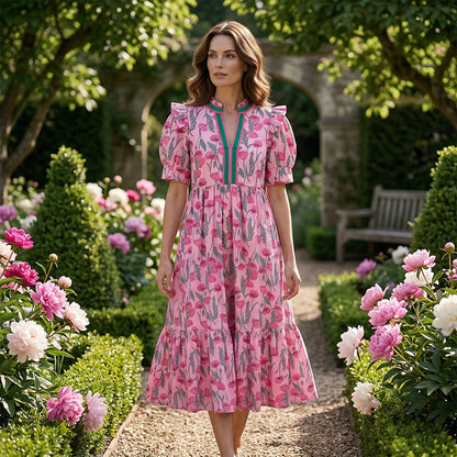 💎 57% DE RÉDUCTION ! 💎 Robe Longue Florale à Volants – Manches Bouffantes, Col V Contrasté & Tissu Fluide pour Été 🌸👗