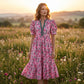 💎 57% DE RÉDUCTION ! 💎 Robe Longue Florale à Volants – Manches Bouffantes, Col V Contrasté & Tissu Fluide pour Été 🌸👗