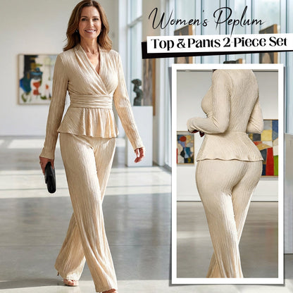 💎 60% DE RÉDUCTION ! 💎 Ensemble 2 Pièces Femme – Haut Peplum à Col en V Croisé + Pantalon Assorti, Tissu Texturé & Silhouette en Sablier (Noir, Abricot, Marron | S–XL) 👗✨