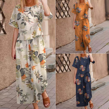 💎 50% DE RÉDUCTION ! 💎 Ensemble 2 Pièces Imprimé Femme – Haut & Pantalon Ample en Coton-Lin, Respirant & Polyvalent
